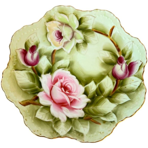 Lefton Cabbage Rose Pink And Green Plate Scallop Edge Hand Painted #119 Japan - Picture 1 of 4